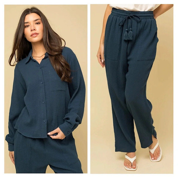 NWT-Cotton Button Down Single Pocket Shirt & Boho Pants Set - Picture 1 of 7